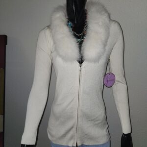 Vermani Silk Zip Up Sweater With Detachable Fur Collar Sz S